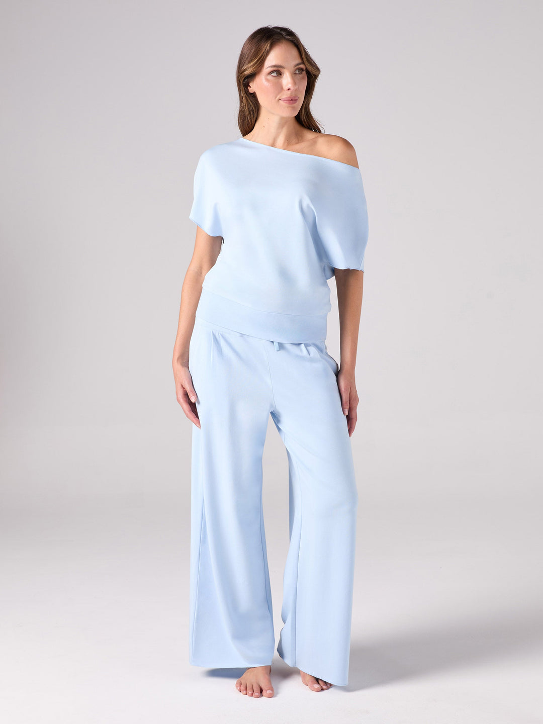 French Terry Short Sleeve Off Shoulder Sweatshirt  - Cashmere Blue