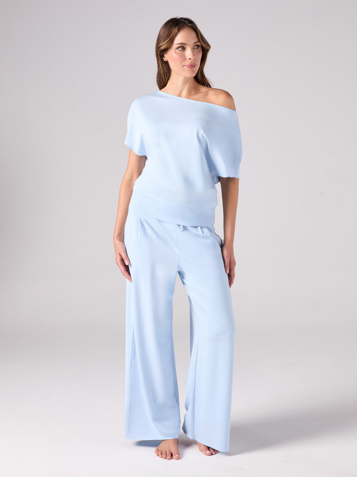 French Terry Short Sleeve Off Shoulder Sweatshirt  - Cashmere Blue