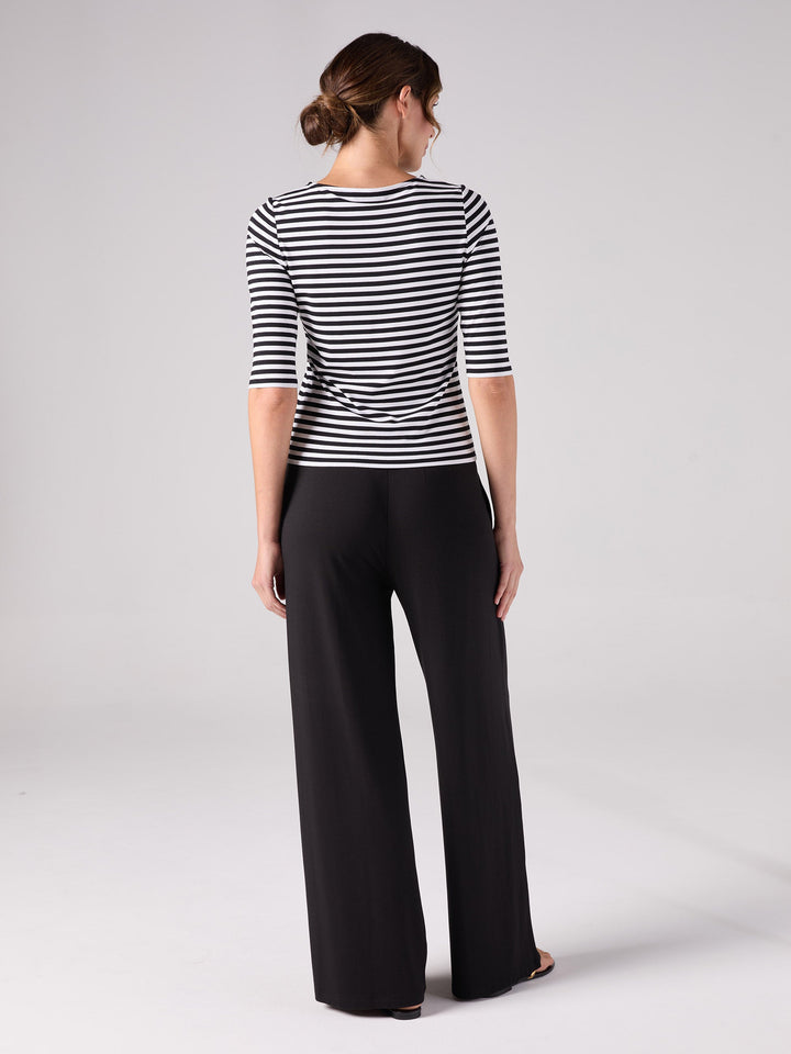 Stripe 7/8 Sleeve Crew Top  - Black