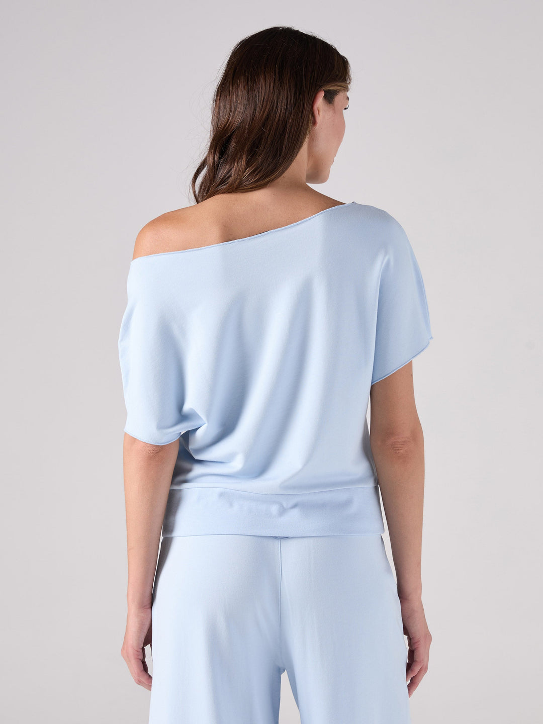 French Terry Short Sleeve Off Shoulder Sweatshirt  - Cashmere Blue