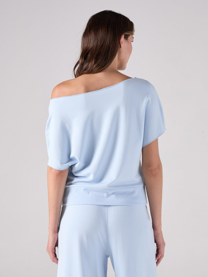 French Terry Short Sleeve Off Shoulder Sweatshirt  - Cashmere Blue