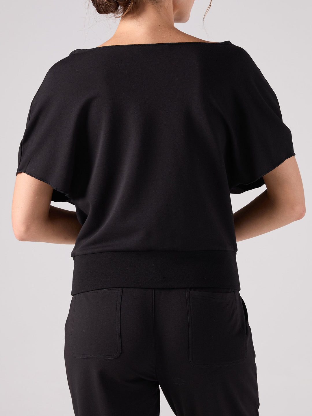 French Terry Short Sleeve Off Shoulder Sweatshirt  - Black