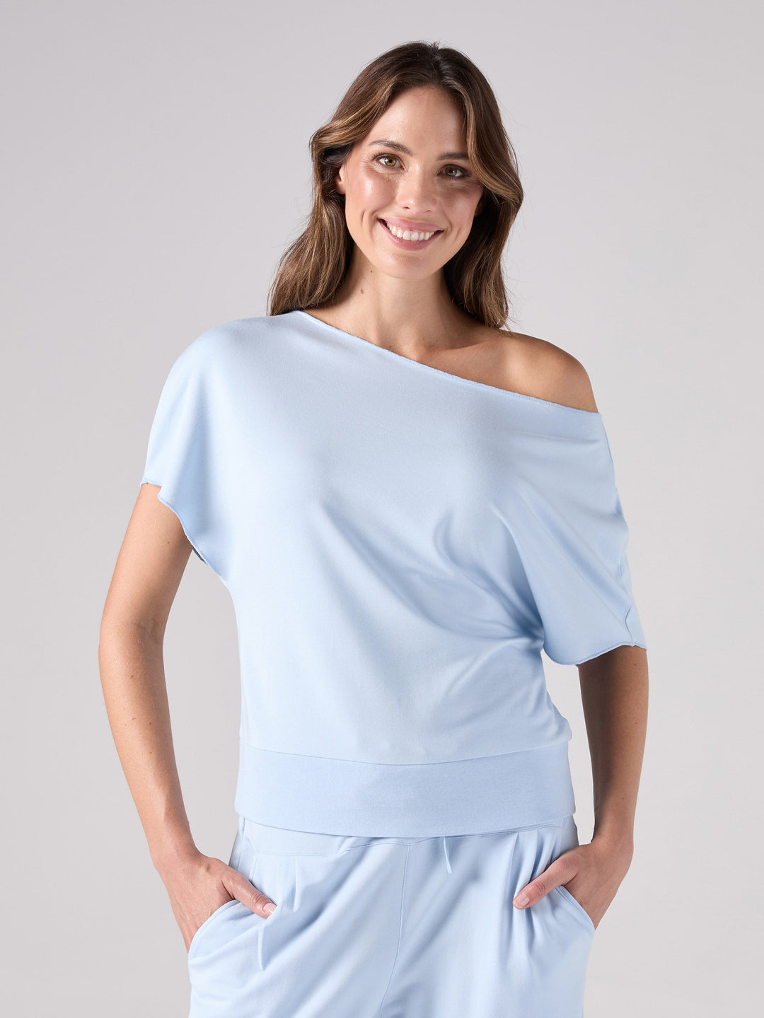 French Terry Short Sleeve Off Shoulder Sweatshirt  - Cashmere Blue