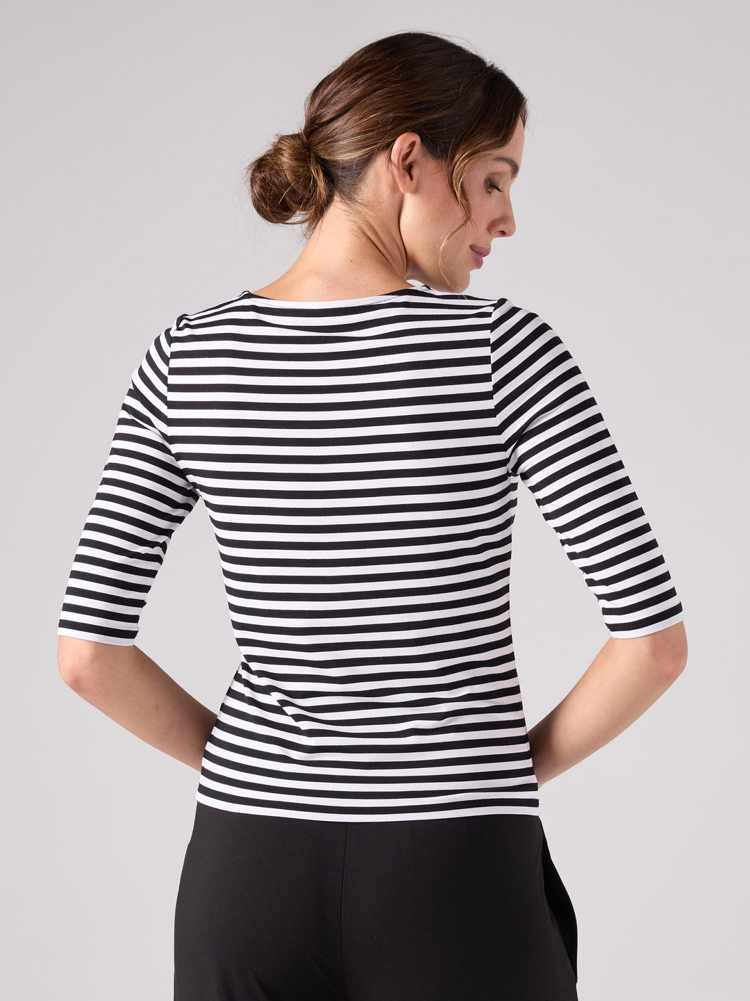 Stripe 7/8 Sleeve Crew Top  - Black