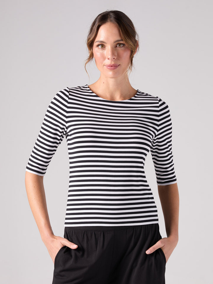 Stripe 7/8 Sleeve Crew Top  - Black