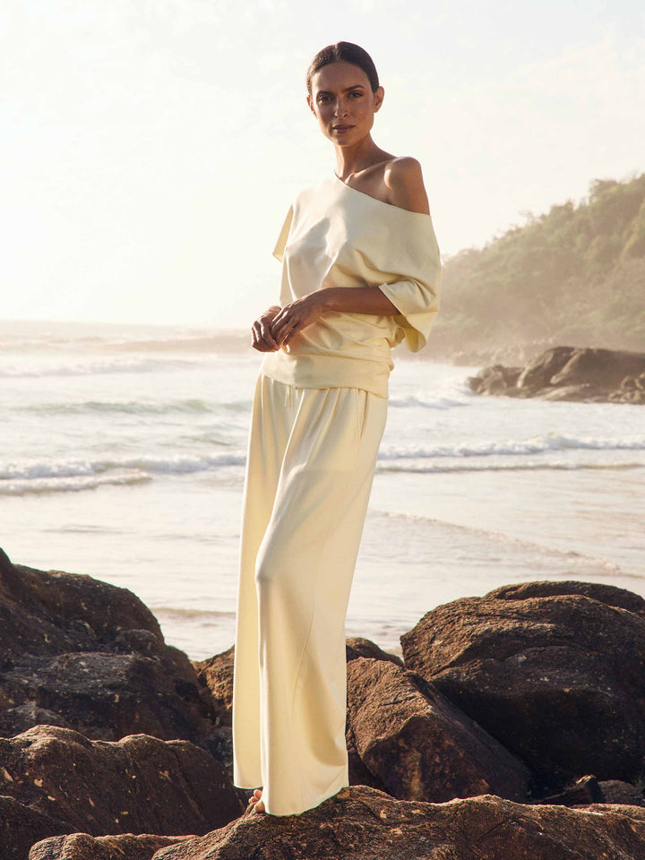 French Terry Short Sleeve Off Shoulder Sweatshirt  - Pastel Yellow