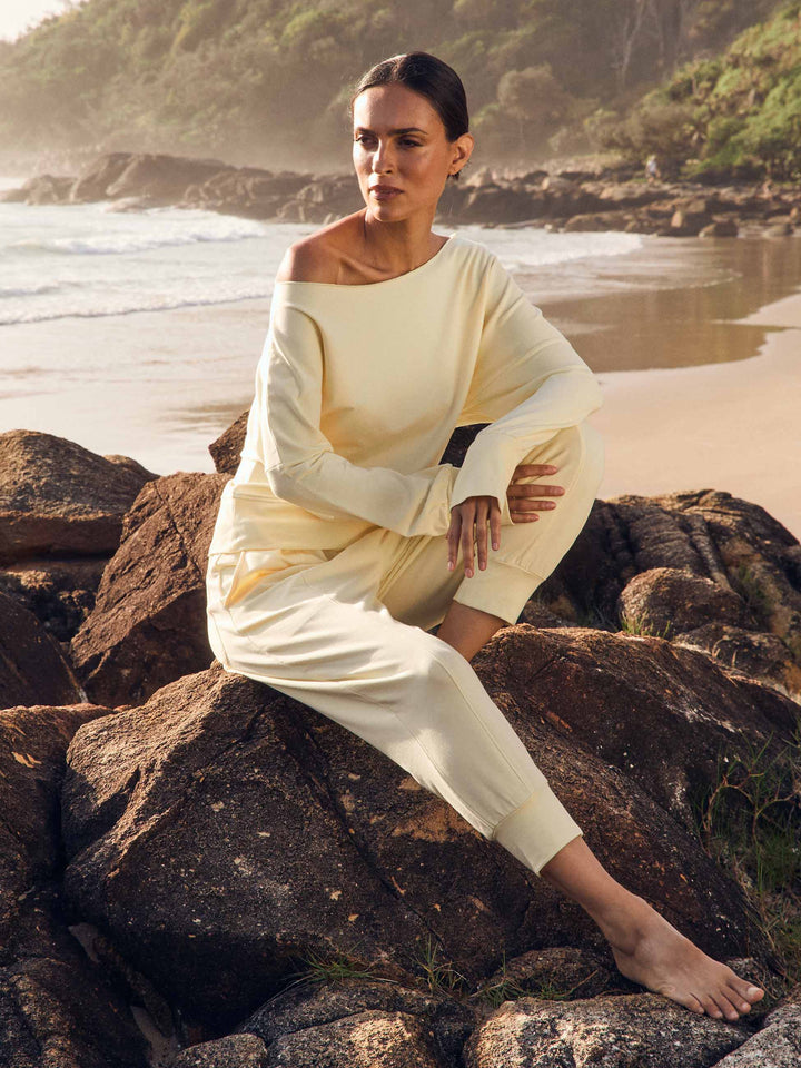 French Terry Off Shoulder Sweatshirt - Pastel Yellow