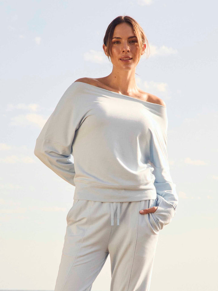French Terry Off Shoulder Sweatshirt - Cashmere Blue